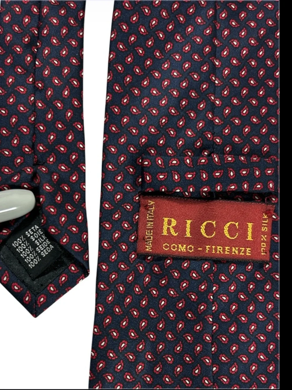 Ricci Como Firenze Italian Silk Tie Red Navy Paisley Geometric Necktie‎